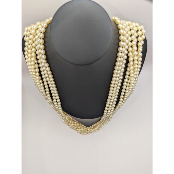 Multi-Strand Cream Faux Pearl Statement Necklace with Gold-Tone Accents - Picture 5 of 5